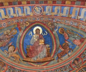 Apsidenkuppel mit Christus und den beiden Schutzpatronen des Kaiserdoms: Petrus (links) mit dem 